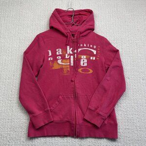 Retro Y2K Oakley Women's Full Zip Hoodie Pink Big Graphic Size XS Stained, read*
